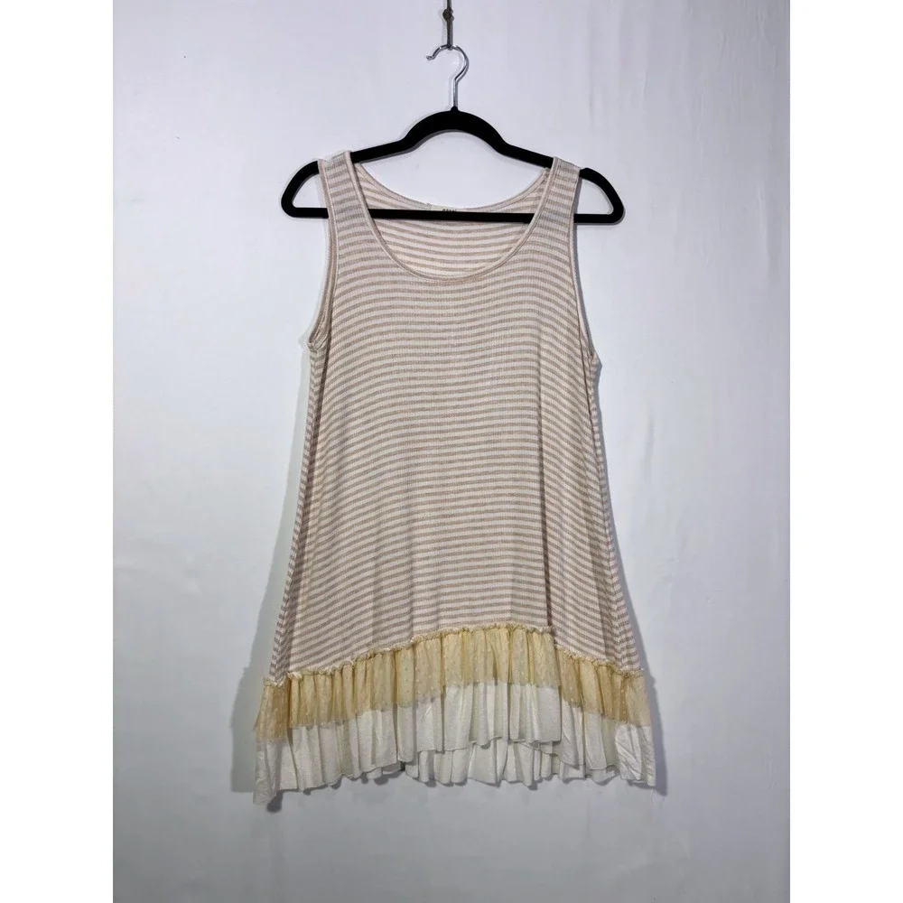 Boho Cottagecore Easel Striped Ruffle Hem Tank Top Womens Small Tan White - Picture 1 of 7